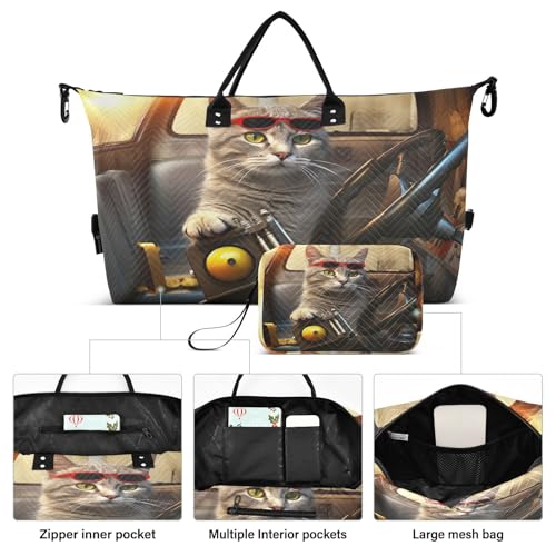 Weekender Bags for Women,Foldable Driver Cat Travel Duffel Bag with Trolley Sleeve Travel Tote Gym Bag with Toiletry Bag2