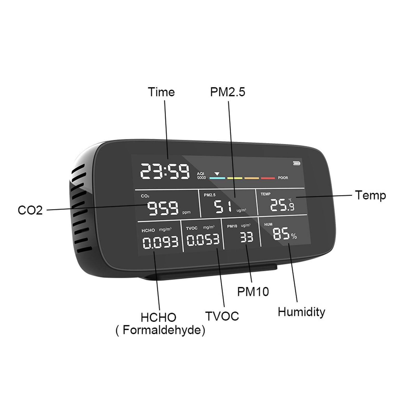 PM2.5 PM10 CO2 TVOC Monitor Jakości Powietrza Tester Temperatury Powietrza w Pomieszczeniu Wyświetlanie Czasu Wilgotności dla Domu, Biura, Samochodu z Ekranem LCD HD, długą