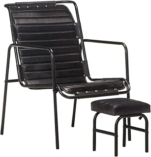 Vintage-Style Real Leather Relaxing Armchair with Backrest and Footrest Armchair Powder-Coated Iron Frame Chairs Bedroom C...