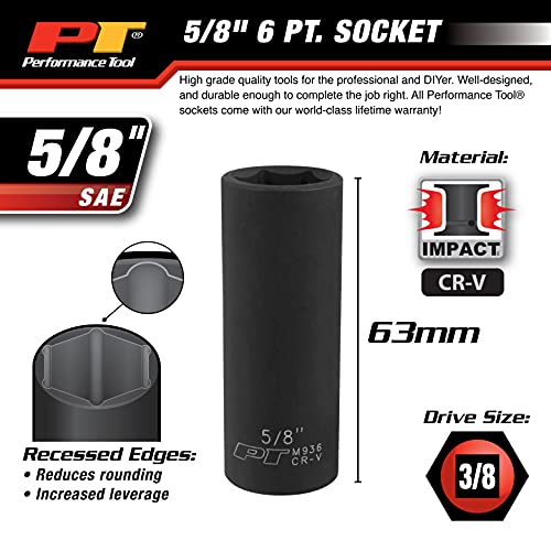Image of Performance Tool M936 3 /8 in. Drive 5 /8 in. 6-Point Deep Impact Socket | Deep well socket for automotive and industrial use. Chrome vanadium steel. Rounded corners for tighter grip