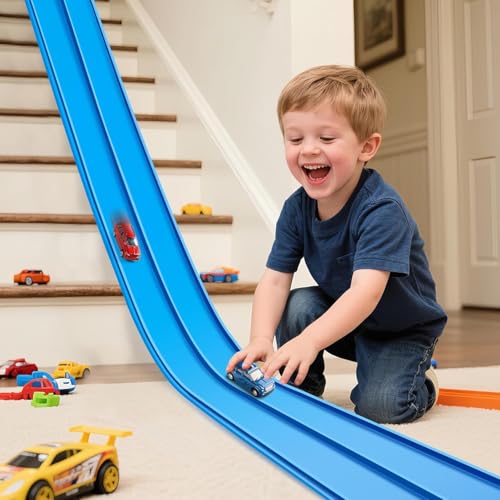 Autorennbahn Rennbahn 4M für Rennwagen, 2026 Neu Flexible Race Car Track, Dual Rennstrecke Rampen, für 1:64 Autos, geeignet für Kinder ab 3 Jahren, Jungen und Mädchen (Blau)