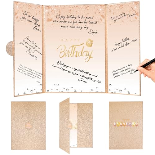 Image of Crenics Champagne Gold Birthday Decorations for Women, Creative Birthday Guest Sign in Book Alternative, Happy Birthday Signature Book 18 inch x 12 inch, Awesome Birthday Gifts for Girls