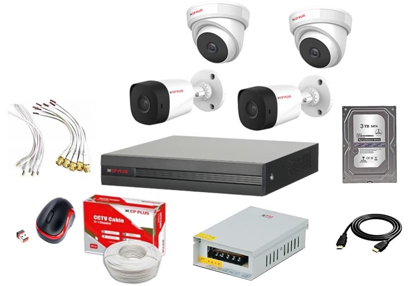 CP PLUS 5MP,Camera with Audio Video Recording, 4 Camera Combo Kit with 4Ch DVR,2Dome 2Bullet Cameras, 3TB HDD, Power Supply, 90Mtr Cable,HDMI 3mtr, W/L Mouse and Connectors (Camera has Built-in mic)