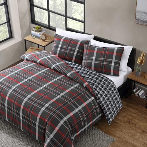 Image of Eddie Bauer - Queen Duvet Cover, Reversible Bedding Set with Matching Shams, Bedding Set (Willow Plaid Grey, Queen)