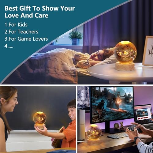 Image of 3D Crystal Ball Night Light with Wooden Base, Aesthetic Clear LED Lamp for Home and Bedroom Touch Switch, Warm Light for Kids and Teens Perfect Birthday & Anniversary (Solar System)