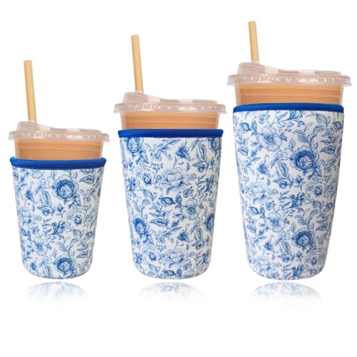 Image of Reusable Insulated Neoprene Iced Coffee Cup Sleeve, Durable Drink Sleeve for Cold Beverages, Beverage Holder for Iced Coffee, Vintage Blossoms
