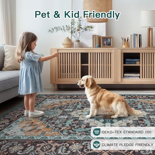 Lofus 6x9 Area Rugs for Living Room, Washable Area Rug, Rugs for Bedroom, Kitchen, Vintage Boho Carpet, Soft Non-Slip, Low Pile Large Area Rug for Office Dining Room, Floral Green
