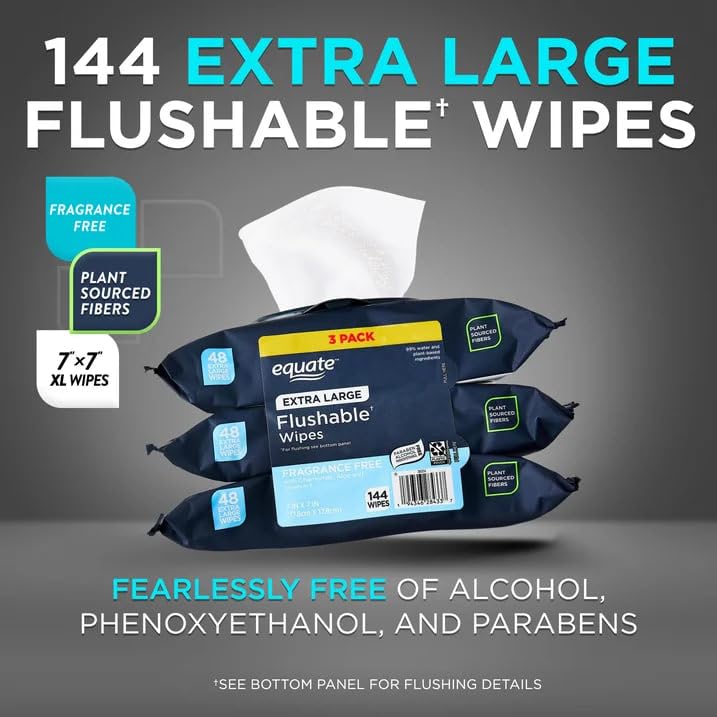 Equate Extra Large Flushable Wipes, Fragrance Free, 7x7 Inch, 144 Wipes, 3 Pack, Plant-Based Fibers, Hypoallergenic