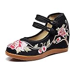  KINDOYO Bestickte Sandalen mit Keilabsatz Damen - Ethnische Mary Jane Halbschuhe Vintage Qipao Hanfu Stickmuster Canvas Schuhe, Schwarz, 38 (240MM)