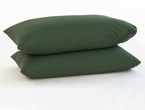 MooMee Juego de 2 fundas de almohada 100% algodón lavado con textura parecida al lino, transpirable, duradera, suave y cómoda (verde bosque sólido,