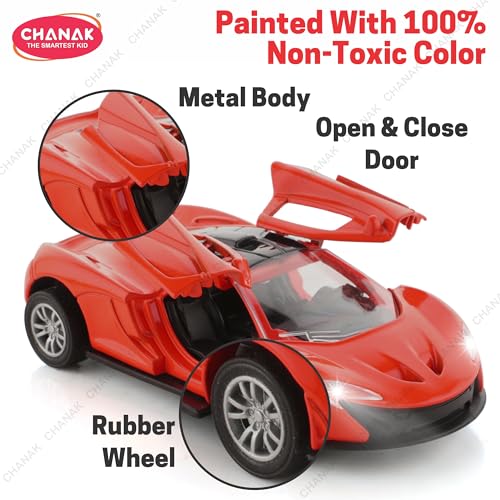 Image of Chanak Die Cast Car for Kids Alloy Metal Pull Back Car Toy Car Toy Vehicle with Openable Doors & LED Lights Cars for Kids Collectible Toy Vehicle Gift for Kids Boys Girls BIS Approved (Red)
