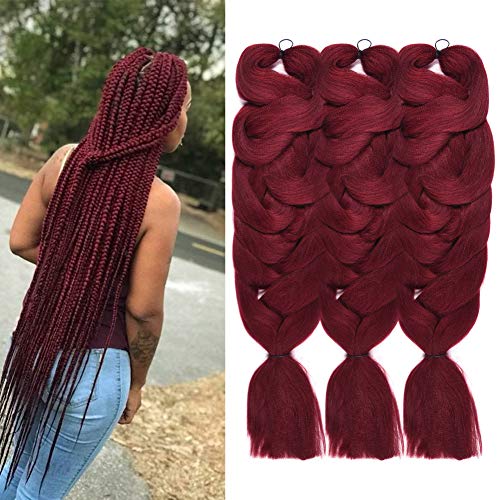 3 Pack Jumbo Braid Burgundy Braiding Hair Extensions Afro Box Braids Crochet Hair Synthetic Fiber Hair 165g/pack 84inch(3pack Burgumdy)