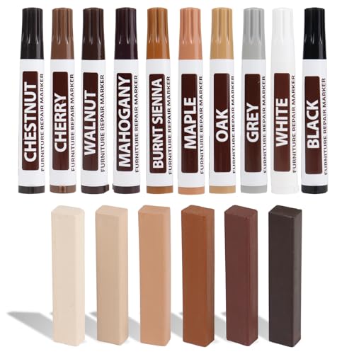 Kit Reparación Laminado 16 Piezas con 10 Marcadores para Madera y 6 Ceras Duras, para Suelo Laminado, Parquet y Vinilo, Repara Arañazos, Grietas y Agujeros en Muebles, Puertas y Encimeras