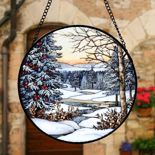 Image of DASTOLL Stained Glass Window Hanging, Winter Snow Landscape Suncatcher Diamond Glass Panel Sun Catchers Decor for Birthday for Women, Men, Wife, Aunt, and Mom 9.8 in