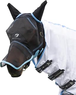 Hy - Máscara antimoscas de malla para caballo con orejas y nariz, color negro y azul claro, talla XL, negro y azul