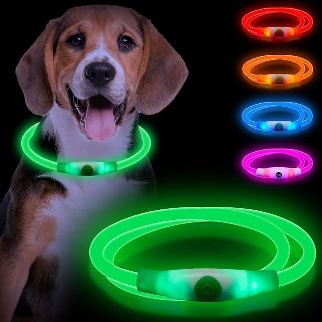 Sofore Light Up Dog Collar, LED Dog Collar Light for the Dark, USB Rechargeable 3 Flash Modes Light Dog Collar Adjustable Cut to Size for Puppy Small Medium and Large Dogs, Green