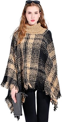 Women's Turtleneck Poncho Sweater Knitted Pullover Capes Tassel Shawl Black and Yellow Plaid