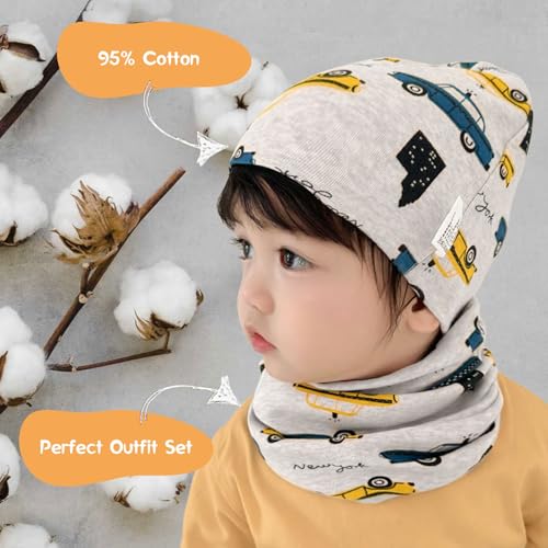 Fjquamitix Mütze und Schal Set für Kinder,Baumwolle Kindermütze&Schlauchschal Mädchen und Jungen,Süße und Bequeme Kopf und Halstwärme Kombination (Geschäftige Auto)