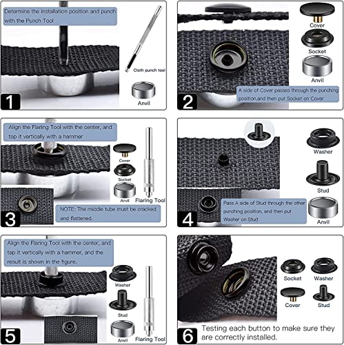 400Pieces (100 Sets) Leather Snap Fastener Kit Tool 5/8inches (15mm) Snap Button kit Snaps for Leather Anti-Rust Fasteners for Bag, Jeans, Clothes, Fabric (Gold & Silver & Bronze & Black Snaps) - Thumbnail 4