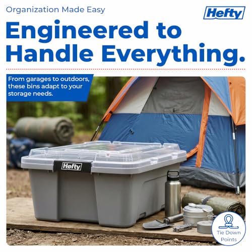 Image of Hefty 12 Gallon Storage Bin with Clear Lid, Heavy Duty Plastic Storage Container Stackable Tote for Garage Closet Home Organization, Medium Storage Bin, 6 Pack, Grey
