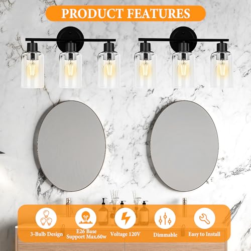 Image of 3-Light Black Bathroom Light Fixture Over Mirror, 3-Light Bathroom Vanity Light Over Sink, Black 3 Bulb Wall Light for Mirror