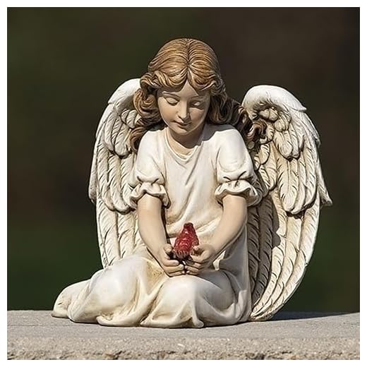 Roman Kneeling Angel with Cardinal Garden Statue, 9-inch Height, Resin, Stone Powder and Paint, Outdoor, Garden Décor