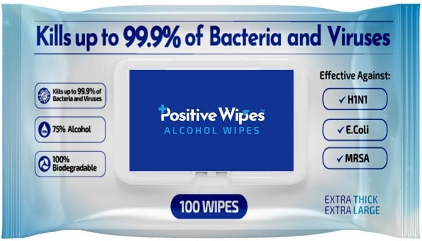 Positive Wipes - 100 Alcohol Disinfectant Wipes - 100% Biodegradable - 75% Alcohol - Surfaces and Cleaning - Kills 99.99% of Viruses, Bacteria and Germs.
