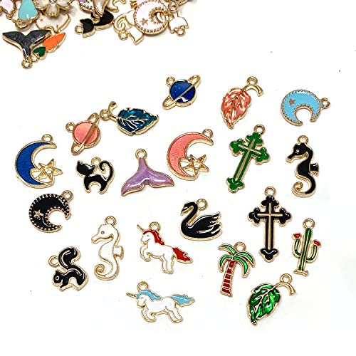 JIALEEY 50PCS Assorted Gold Plated Enamel Animal Moon Star Fruit Unicorn Charm Pendant DIY for Necklace Bracelet Earring Jewelry Making and Crafting