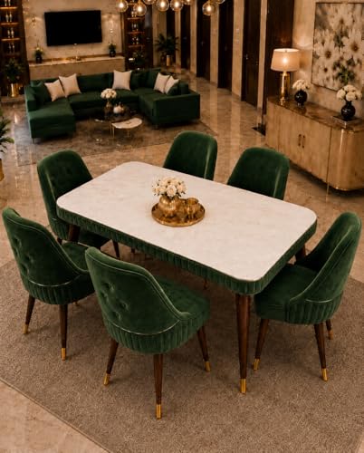 Image of WOODEN SPACE 6-Seater Wooden Dining Table Set | Nano Composite Marble Top | Solid Wood Base | Modern Dining Room Furniture with 6 Chairs (Grand Aura Dark Green)
