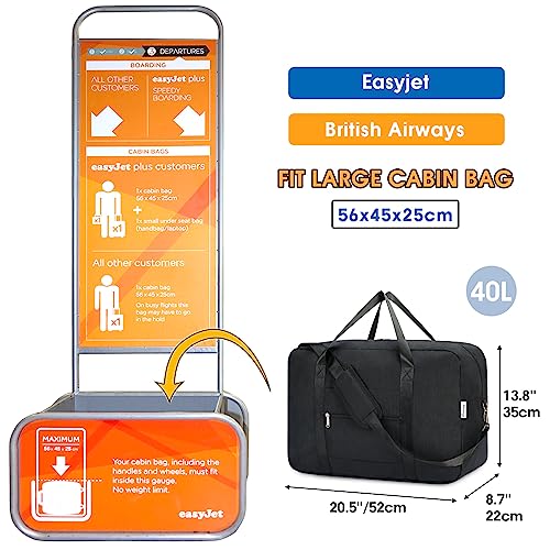 Narwey Handgepäck Tasche für Flugzeug Faltbare Reisetasche Damen Weekender Bag Sporttasche Damen Herren Handgepäck Koffer Groß 40L(Schwarz)