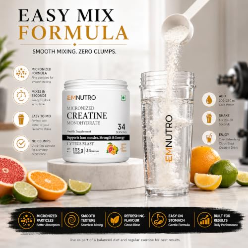 Image of Creatine Monohydrate Micronized Powder, Citrus Blast Flavour, 103 g | Easy Mix Creatine Supplement for Men & Women | Pre & Post Workout | Gym & Fitness Nutrition