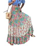 LIAMERHE Falda Larga Mujer Verano Boho Chic Falda Maxi de Cintura Alta Elástica Faldas Línea A Fluidas con Volantes Estampado Floral Estilo Gypsy Playa Vacaciones Vestidos de Playa