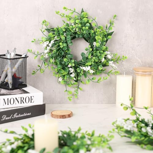 Image of 6 Pcs Green Boxwood Candle Rings Wreaths Mini Spring Summer Forsythia Wreath for Front Door Artificial Rings Wreaths with White Flowers for Pillar Porch Wall Window Farmhouse All Seasons Decor