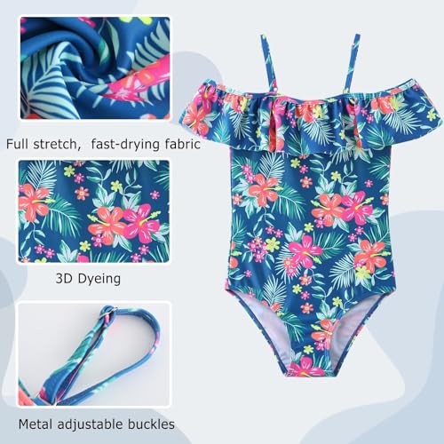 Image of Girls One Piece Swimsuits Off Shoulder Bathing Suit Kids Hawaiian Floral Swimwear 3-16 Years
