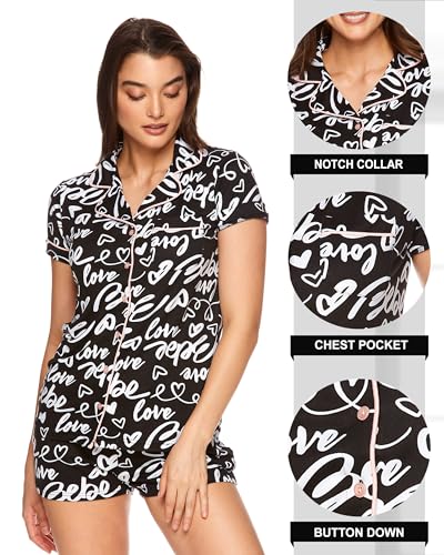 bebe Short Sleeve Pajama Set for Women, Love Logo Print PJ Set for Women, Soft Knit Women\'s Pajamas (Black, Medium)
