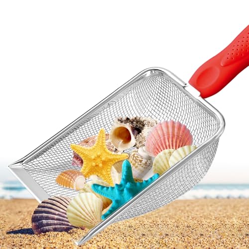 PLACHIDAY Beach Mesh Shovel,Sand Sifter Tool for Shell Collecting with Durable Mesh Net - Kids Sand Scoop for Picking Up Shells - Beach Toys (Red)