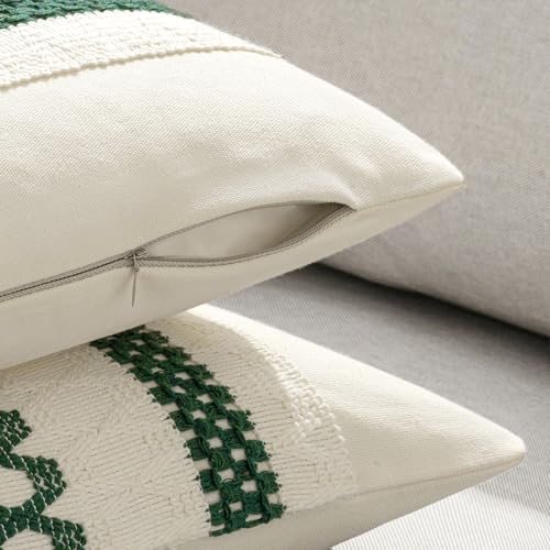 Image of MIULEE Set of 2 Dark Green Boho Decorative Lumbar Pillow Covers 12x20 Inch | Farmhouse Couch Throw Pillows Modern Cotton Cushion Cover Macrame Woven Home Decor for Bed Sofa Chair