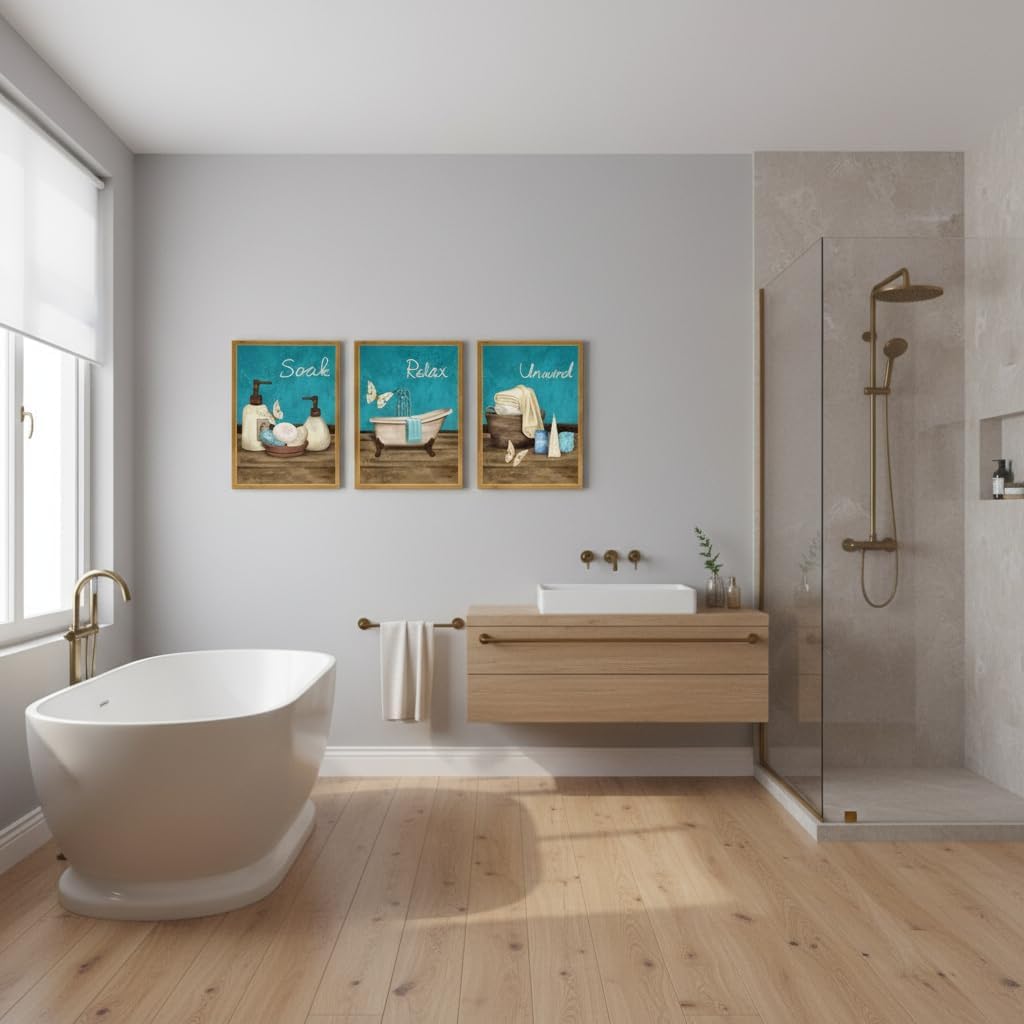 RyounoArt Teal and Brown Bathroom Decor Spa Pictures Wall Art Soak Relax Unwind Canvas Painting Prints Framed 12 * 16 inches each piece