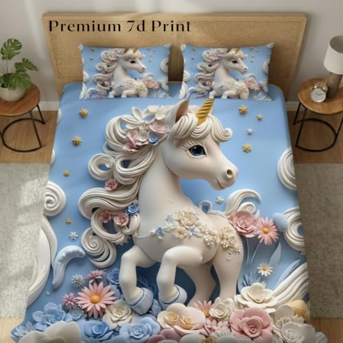 Image of 7D Fairy Tale Collection Double Bedsheet 90x100 inch with 2 Pillow Covers | Good Stitching, Soft Fabric & Vibrant 7D Digital Print for Kids & Couples (Blue)