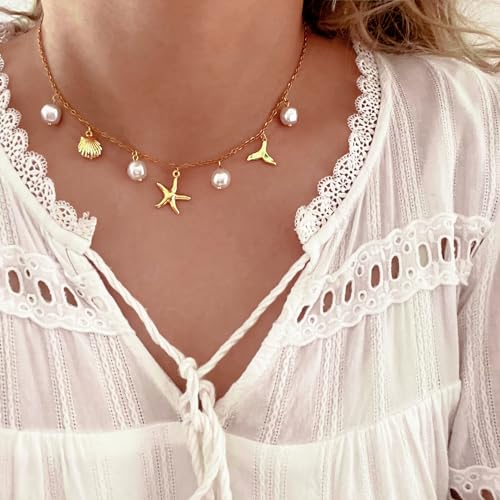 Charm Necklace for Women Pearl Starfish Seashell 14k Gold Summer Beach Surfer Jewelry Necklace Gifts2
