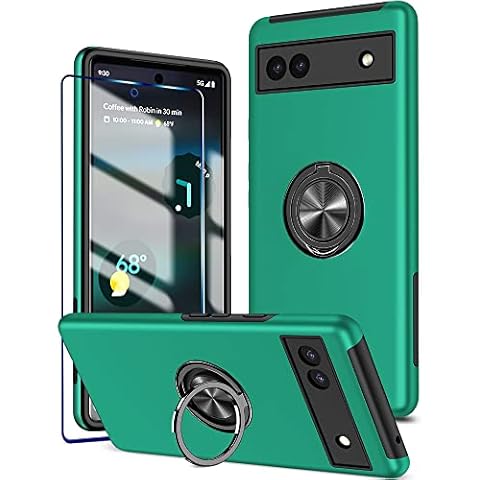KRAFTCARE for Google Pixel 6a Case with Kickstand Ring and Screen Protector, Shockproof and Anti Scratch 360° Magnetic Ring Holder Stand Phone Cover for Google Pixel 6a - Dark Green Cover