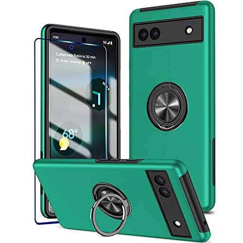 KRAFTCARE for Google Pixel 6a Case with Kickstand Ring and Screen Protector Shockproof and Anti Scratch 360 Magnetic Ring Holder Stand Phone Cover for Google Pixel 6a - Dark Green