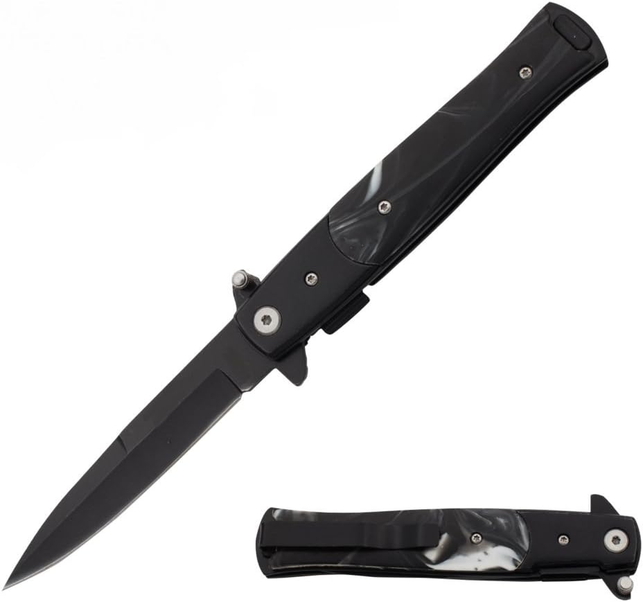 9" Black Marble Handle and Black Blade Assisted Opening Pocket Knife