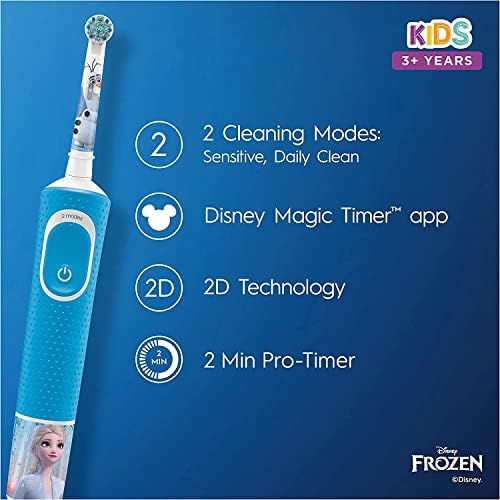 Oral-B Kids Electric Toothbrush, Gifts For Kids, 1 Toothbrush Head, x4 Frozen Stickers, 2 Modes with Kid-Friendly Sensitive Mode, For Ages 3+, 2 Pin UK Plug, Blue
