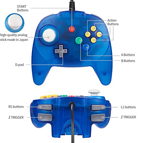 Modeslab N64 Usb Controller, Wired 64-Bit Game Pad For Windows Pc Mac Linux Raspberry Pi 3 Upgrade [3D Analog Stick] - Transparent Blue/Transparent Blue #TOP1
