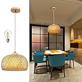 Vintage Rattan Hängelampe - Motent Retro Bambus Holz Lampenschirm Pendelleuchte mit E27 Binre Industrielle Boho Deckenlampe Korb Kronleuchter für Bad Küche Schlafzimmer Flur