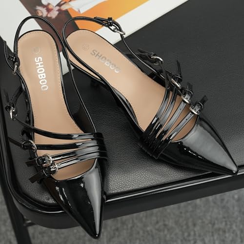 Slingback Kitten Heels for Women Pointed Closed Toe Pumps Multi-Buckle Strappy Shoes2