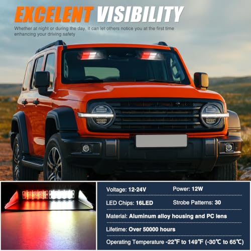 Image of Nilight 16LED Red White Dash Strobe Light Cigarette Lighter Plug | Dual-Switch 2-in-1 Deck Split Flashing Lights for Truck Construction Pickup Interior Front /Rear Windshield Mount 30 Modes