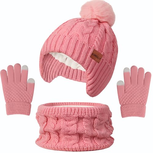 Image of Kids Winter Hat Gloves Scarf Set,Beanie with Pom Earflaps Neck Gaiter Fleece Lined Touchscreen Gloves for Girls Boys 3-10Y