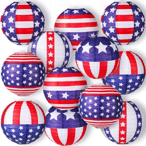 Image of Panelee 12 Pcs Patriotic Hanging Paper Lanterns 4th of July Party Decorations Red White and Blue Round Lanterns 8 Inch for Independence Day Office Classroom Party Supplies Indoor Outdoor